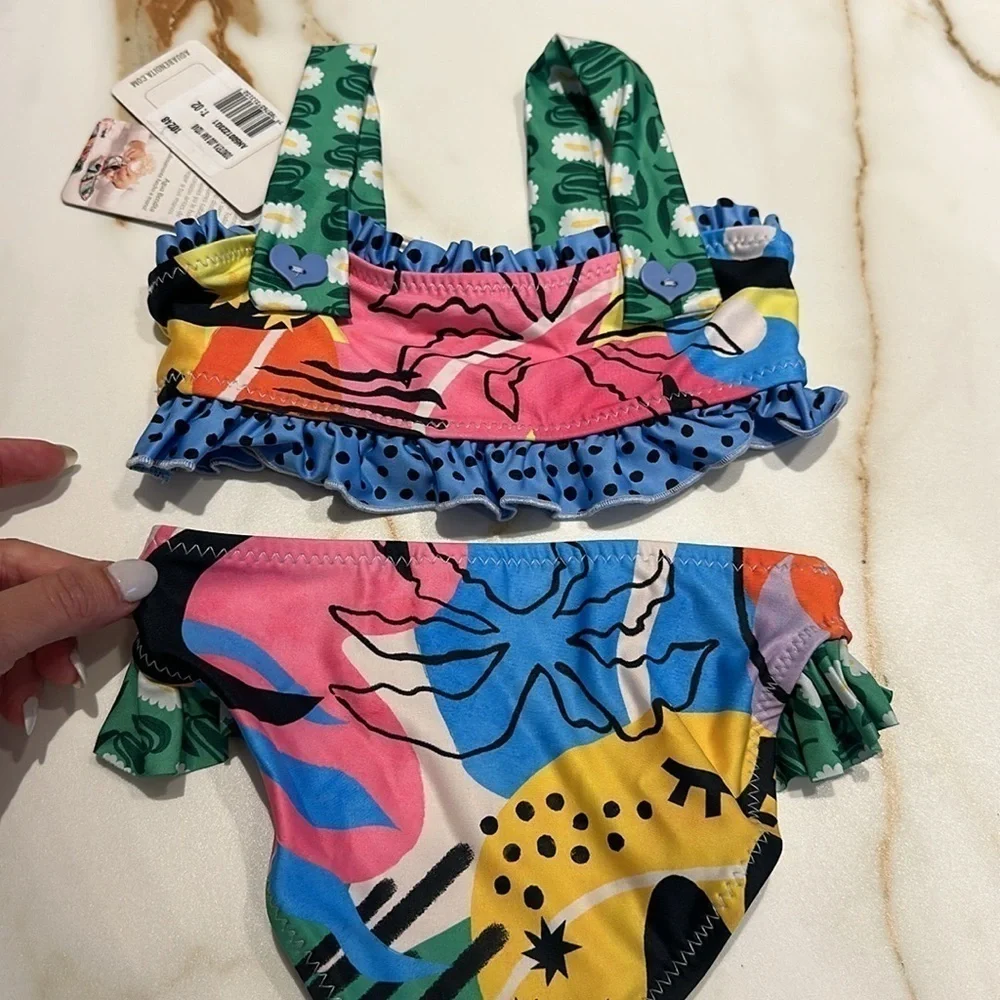 Agua Bendita Girls Multicolor Floral Ruffle Bikini - Pink, Green, Blue, Yellow